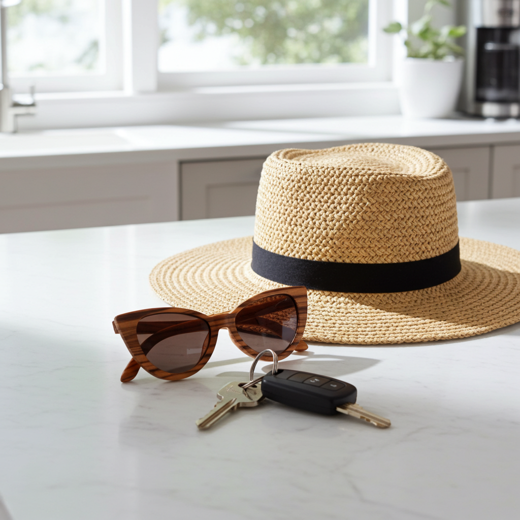 sunglasses near a sun hat

