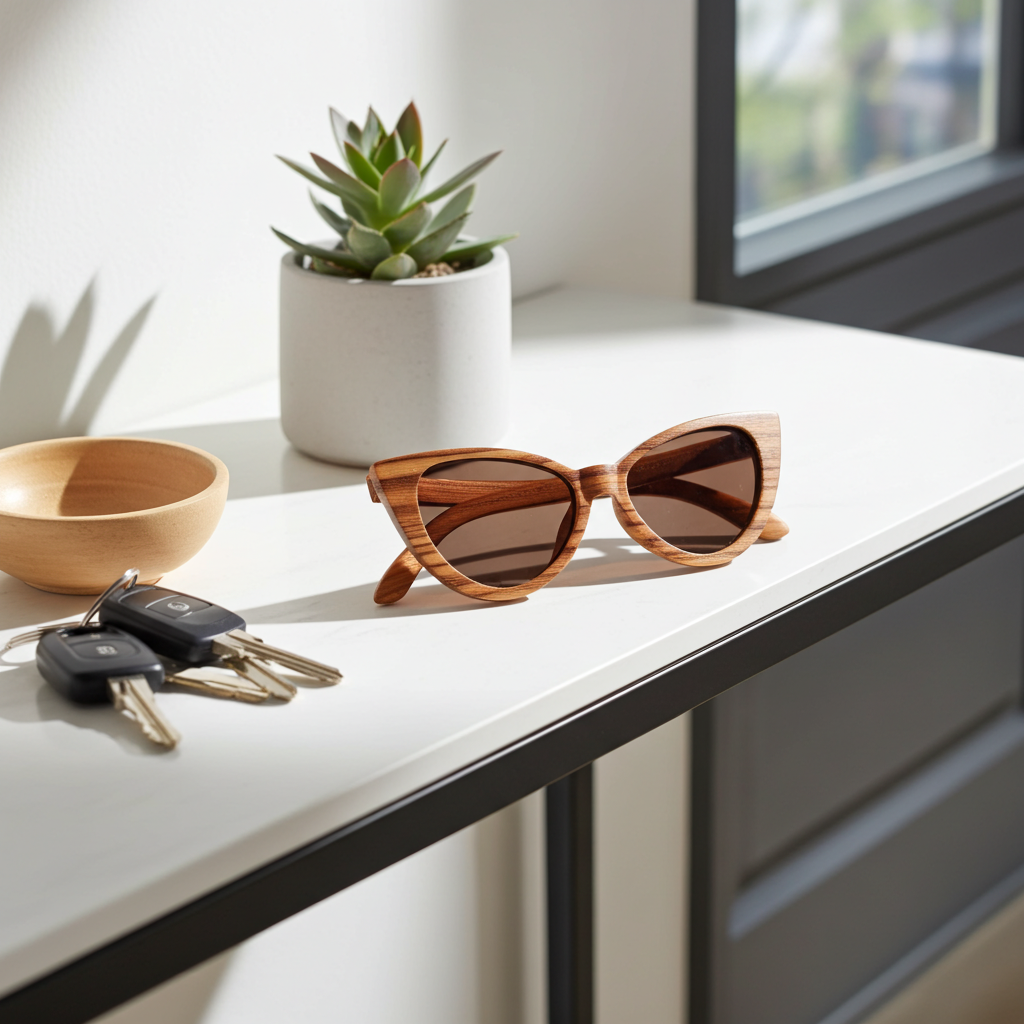 Wooden sunglasses on a white surface with keys and a plant in the background