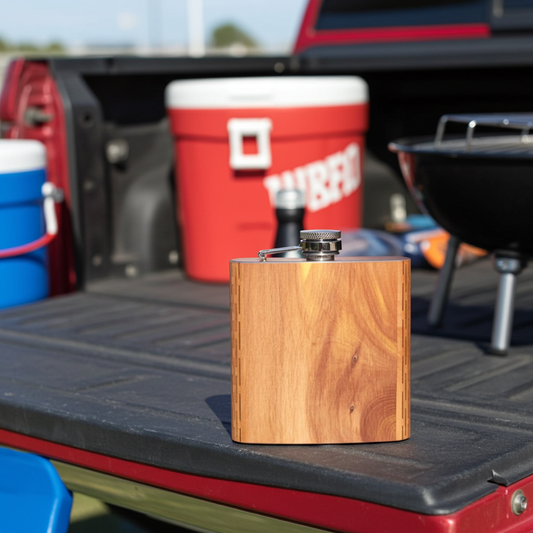 Wooden flask on a truck bed with coolers and a grill in the background