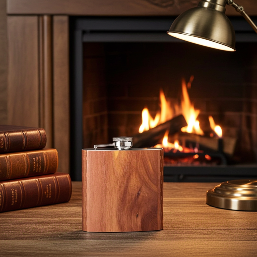 Wooden flask on a table with a fireplace in the background