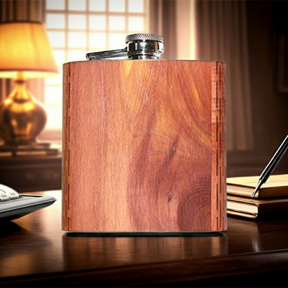 Wooden flask on a desk with a lamp and notebook in the background
