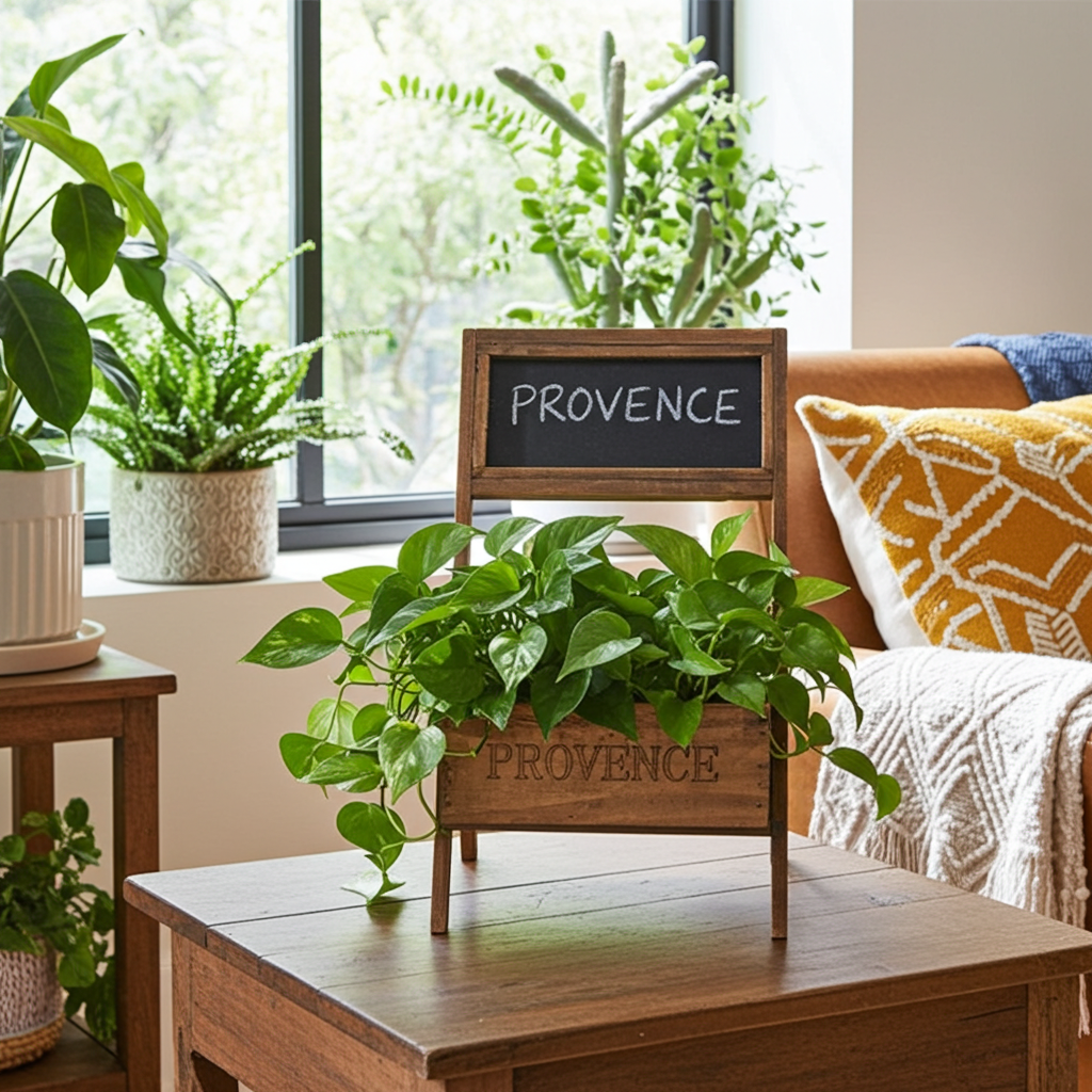 Wooden planter with a plant labeled 'Provence' on a table in a room with plants and a window.