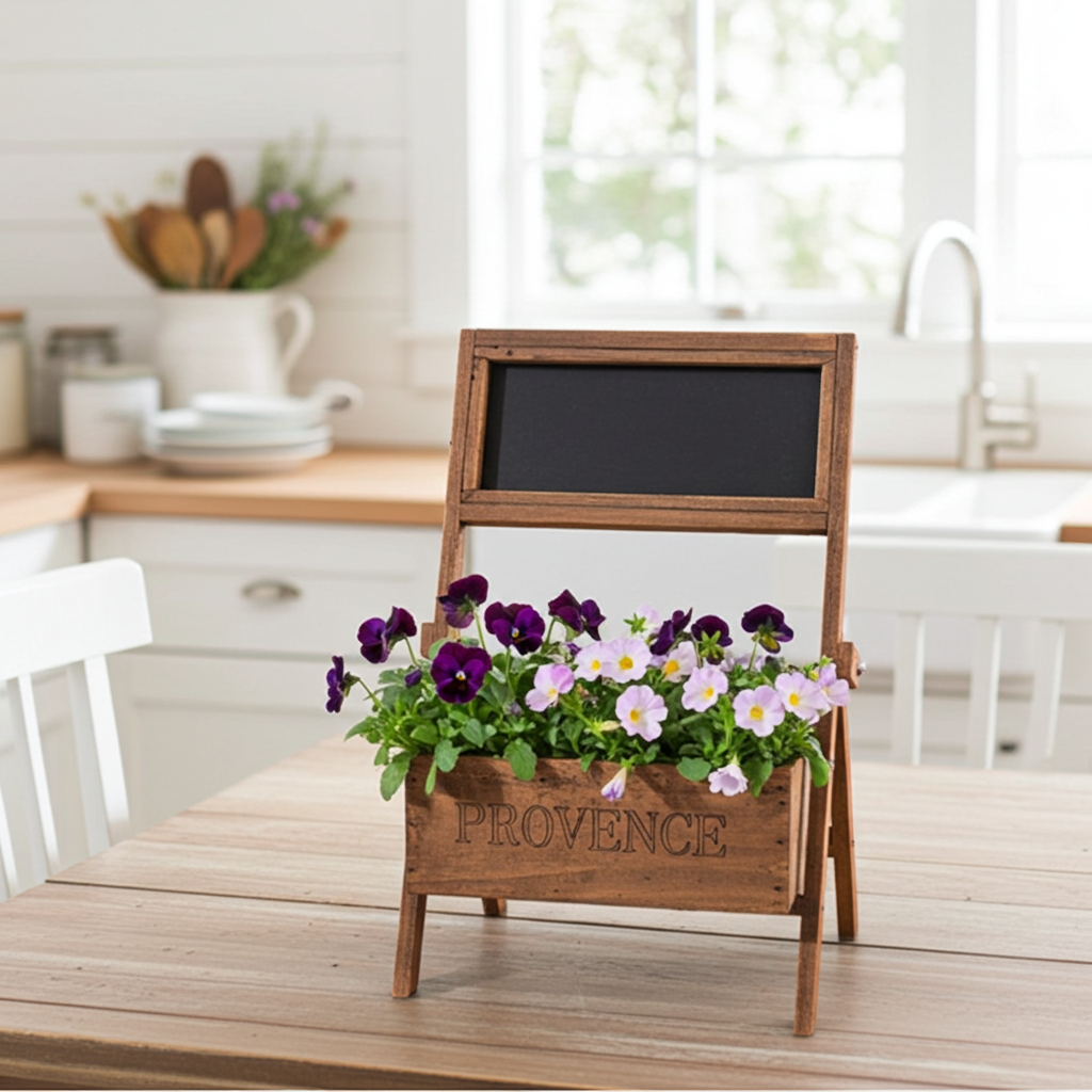 Wooden planter with flowers on a kitchen table