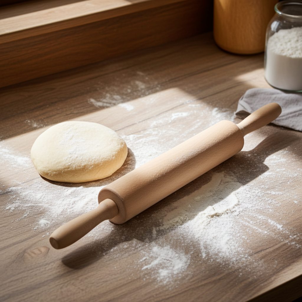 Floured wooden surface with a ball of dough and a rolling pin.