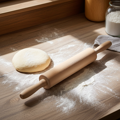 Floured wooden surface with a ball of dough and a rolling pin.