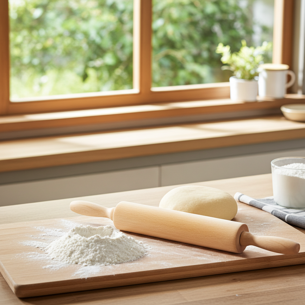 Wooden rolling pin and dough on a wooden board with a window in the background
