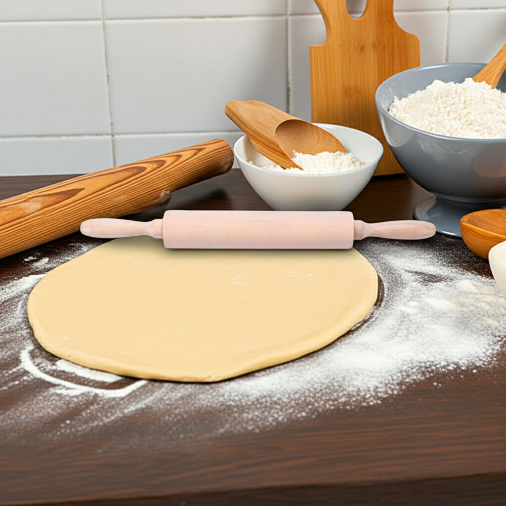 Baking setup with rolled-out dough, rolling pin, and kitchen utensils on a wooden surface.