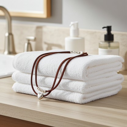 Stack of white towels on a bathroom counter with a necklace draped over them.