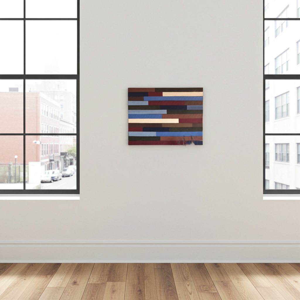 Abstract multicolored painting on a white wall with large windows.