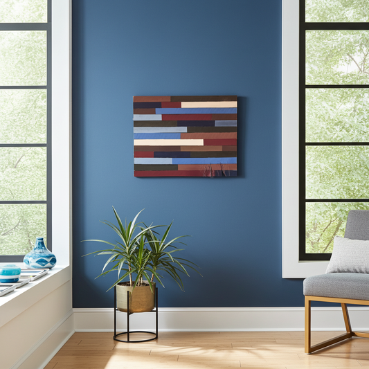 Modern living room with a blue wall, abstract painting, plant, and chair.