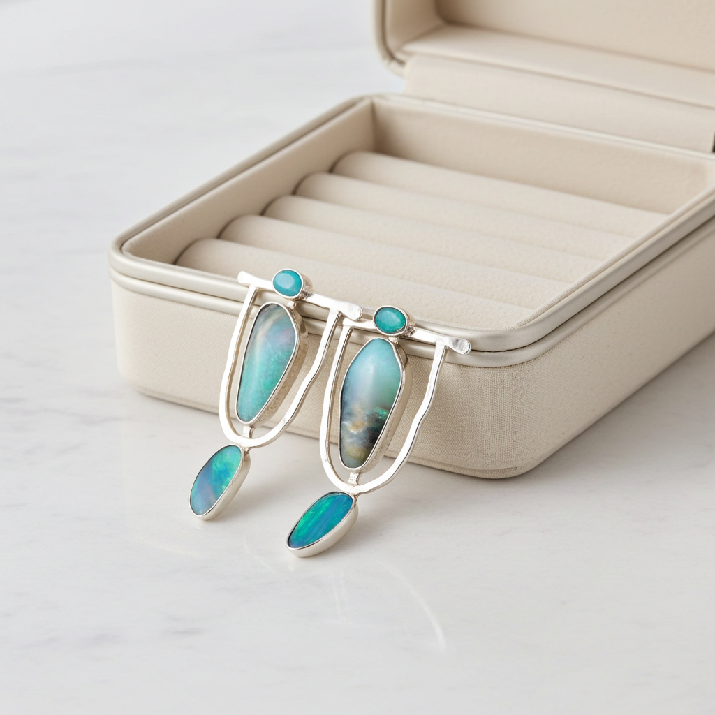 Pair of silver earrings with blue stones in a jewelry box on a light background