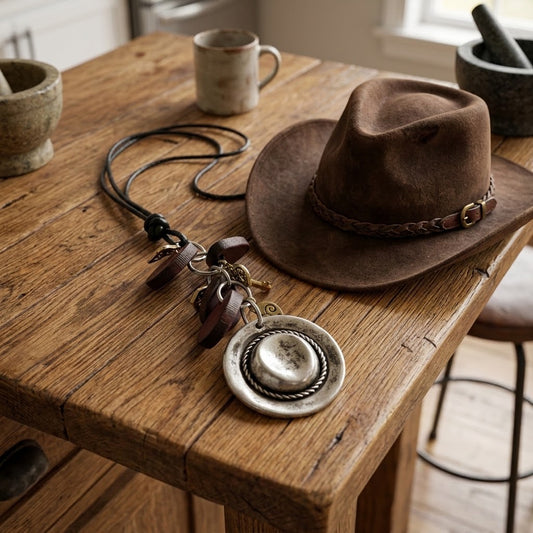 cowboy hat necklace next to a cowboy hat