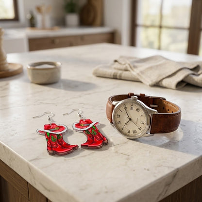 cmas earrings on kitchen island