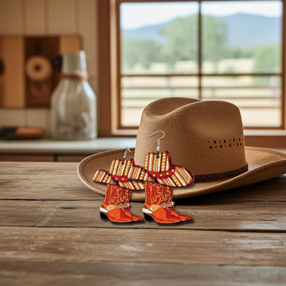 Cowboy hat and boots earrings on a wooden surface with a window in the background
