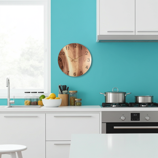 Wooden wall clock on a turquoise wall in a kitchen.