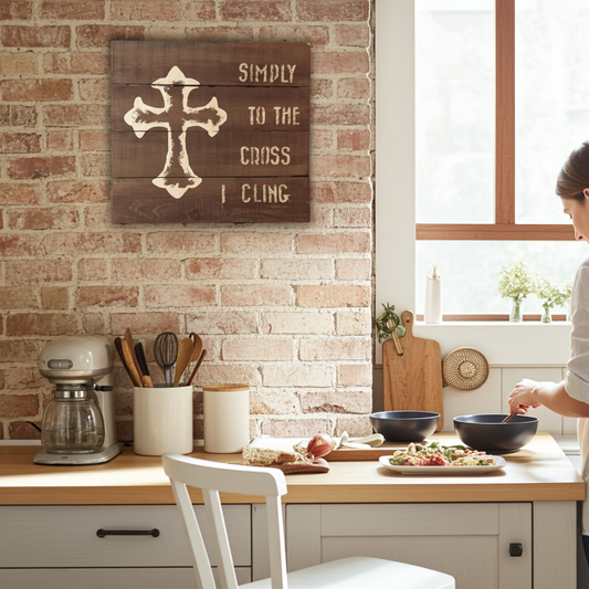 Kitchen with wooden counter, cross-themed wall decor, and a person preparing food.