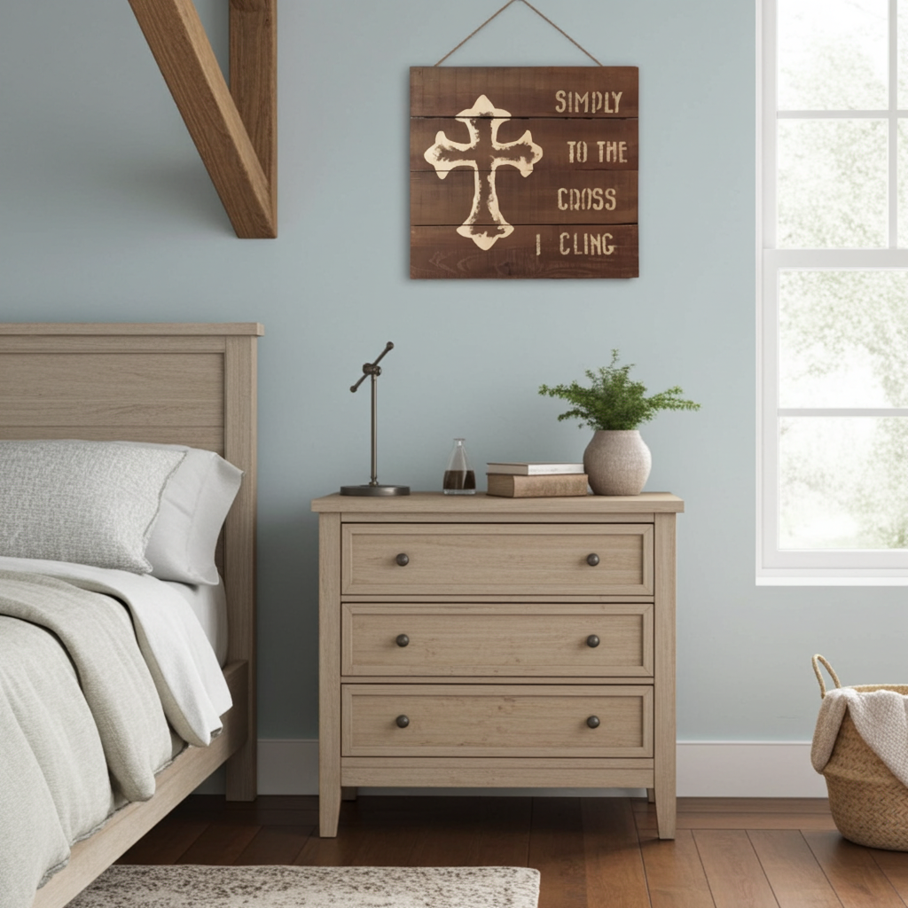 Bedroom with wooden nightstand, bed, and wall art