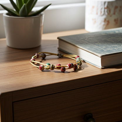 A beaded bracelet with gold-toned cord and red, green, and brown beads rests on a wooden table next to a closed book, with a potted succulent and a ceramic container in the background.