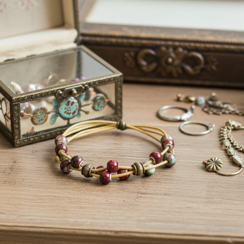 A handmade multi-strand cord bracelet with red and green beads and antique brass spacer rings, displayed on a wooden surface next to other jewelry pieces and a vintage glass jewelry box.
