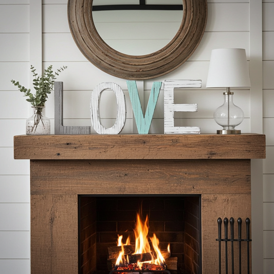 Wooden mantelpiece with decorative items and a lit fireplace.