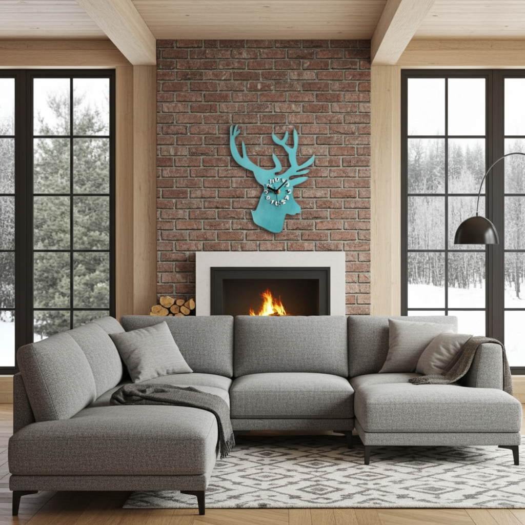 Gray sectional sofa in a living room with a brick wall, fireplace, and deer head art.