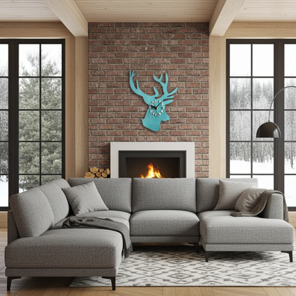 Gray sectional sofa in a living room with a brick wall, fireplace, and deer head art.