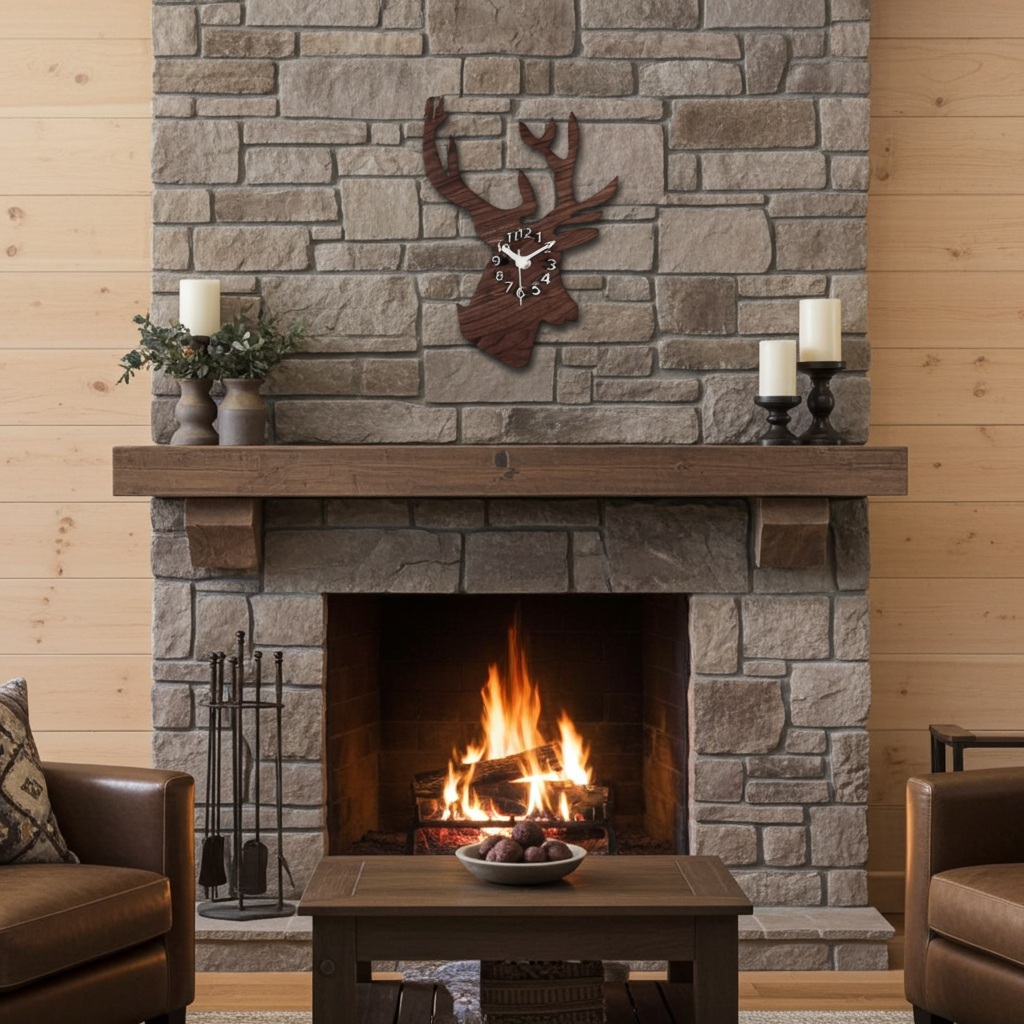 Cozy living room with stone fireplace, wooden mantel, and deer head clock.