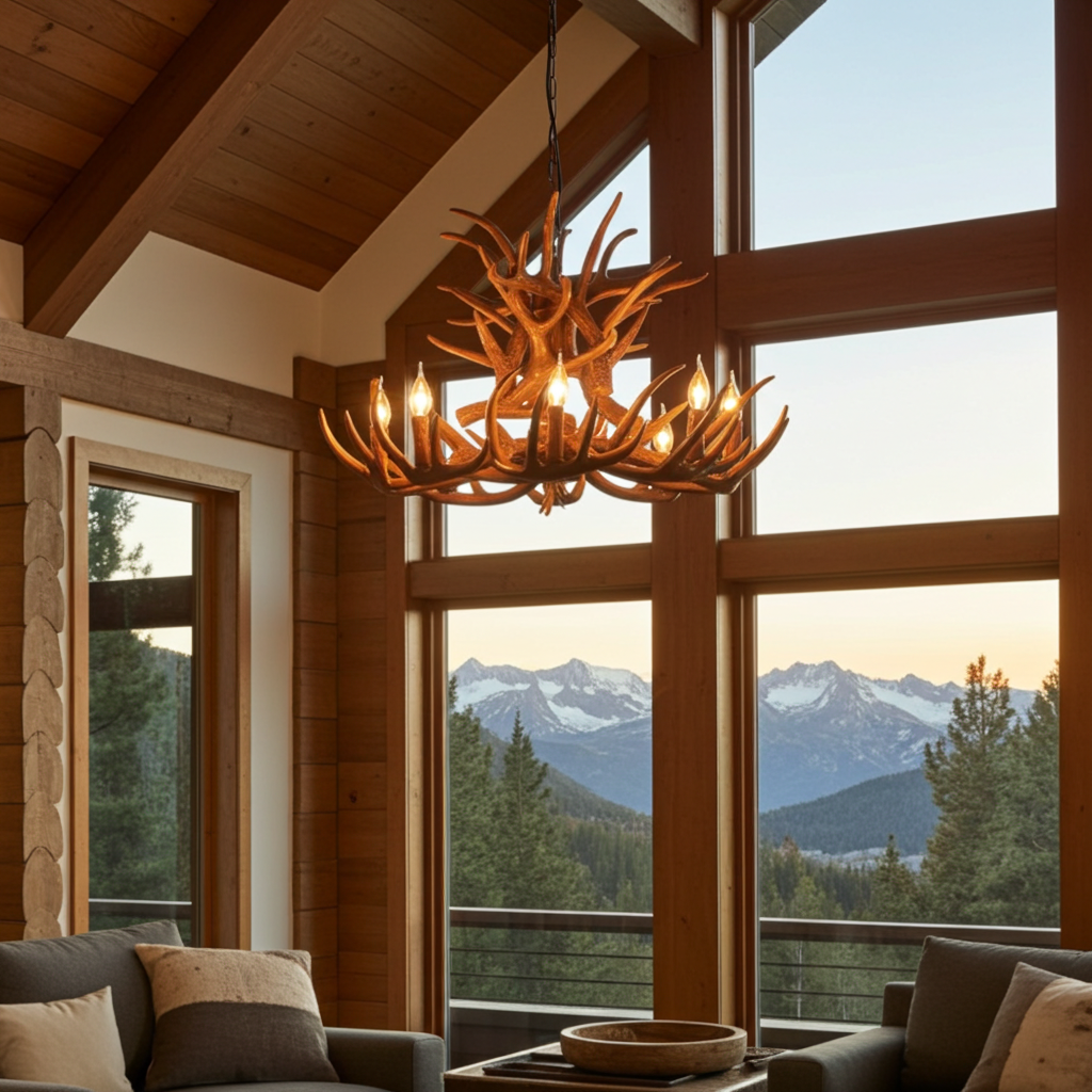 Antler chandelier in a room with large windows showing a mountain view.