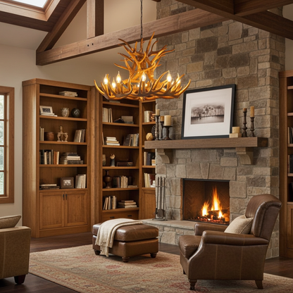Cozy living room with stone fireplace, wooden bookshelves, and antler chandelier.