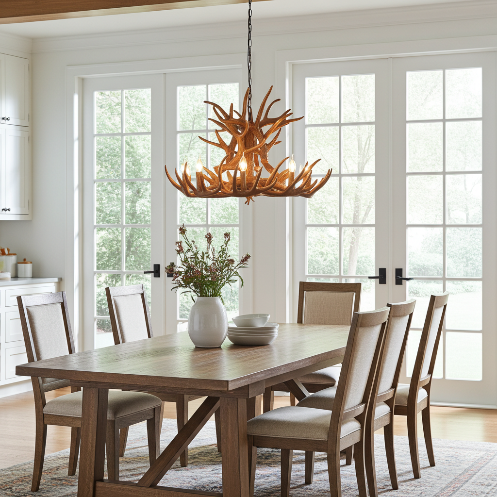 Dining room with wooden table and chairs, featuring a large antler chandelier.
