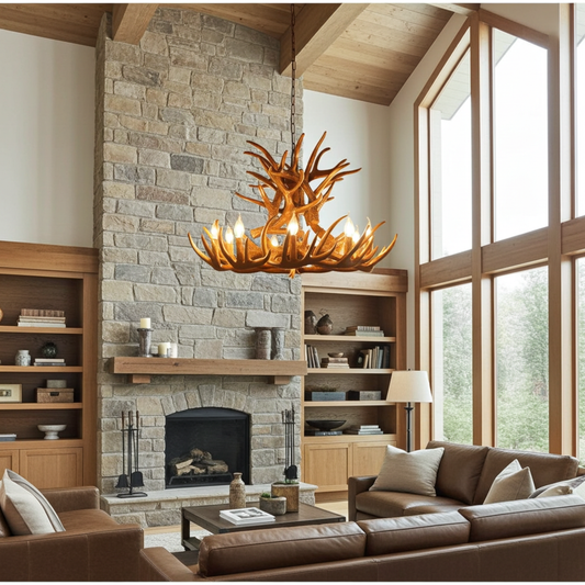Modern living room with stone fireplace, wooden shelves, and antler chandelier.