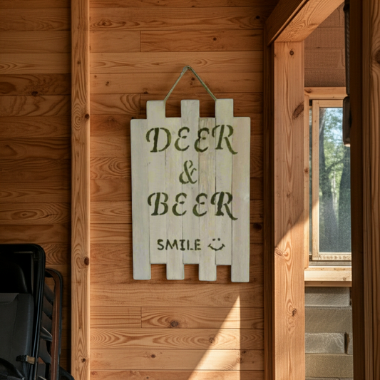 Wooden sign with 'Deer & Beer Smile' text on a wooden wall.