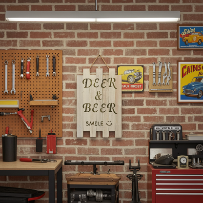 Garage interior with tools, a 'Deer & Beer Smile' sign, and vintage posters on a brick wall.