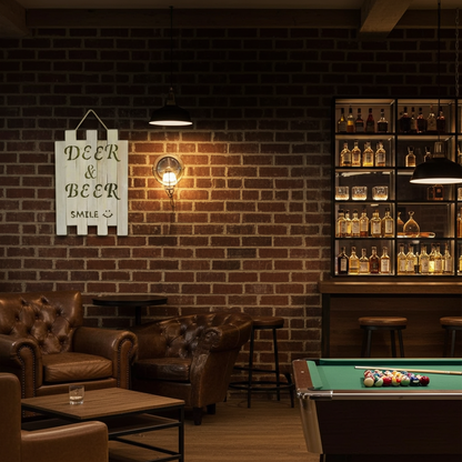 Bar interior with brick wall, leather chairs, and pool table.