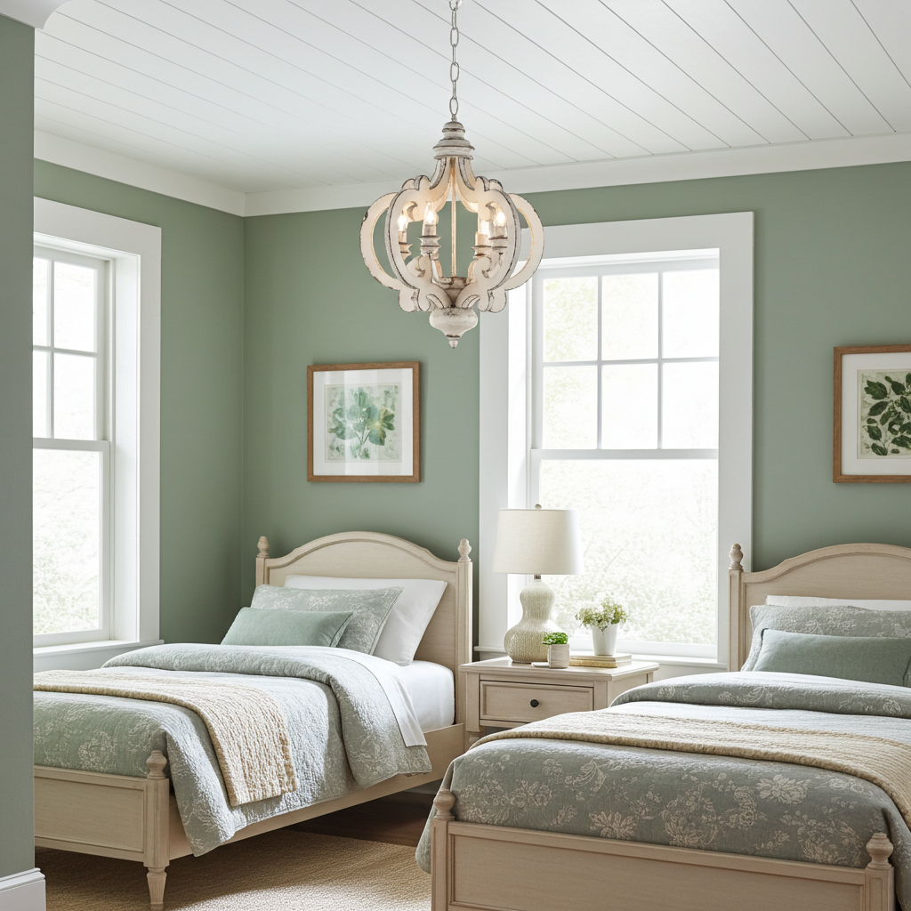 Two twin beds in a room with green walls, white windows, and a chandelier.