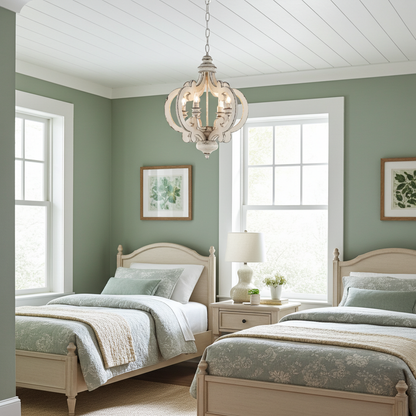 Two twin beds in a room with green walls, white windows, and a chandelier.
