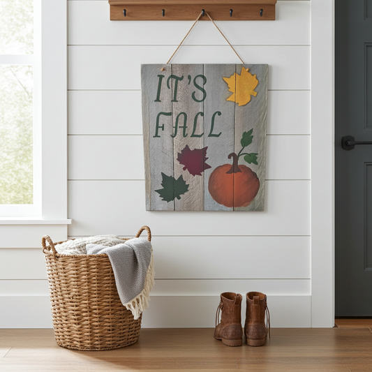 Decorative sign with 'It's Fall' text and autumn leaves in a home setting.