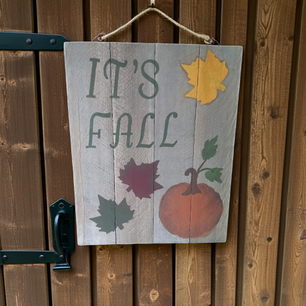 Wooden sign with 'IT'S FALL' text, leaves, and a pumpkin on a wooden background