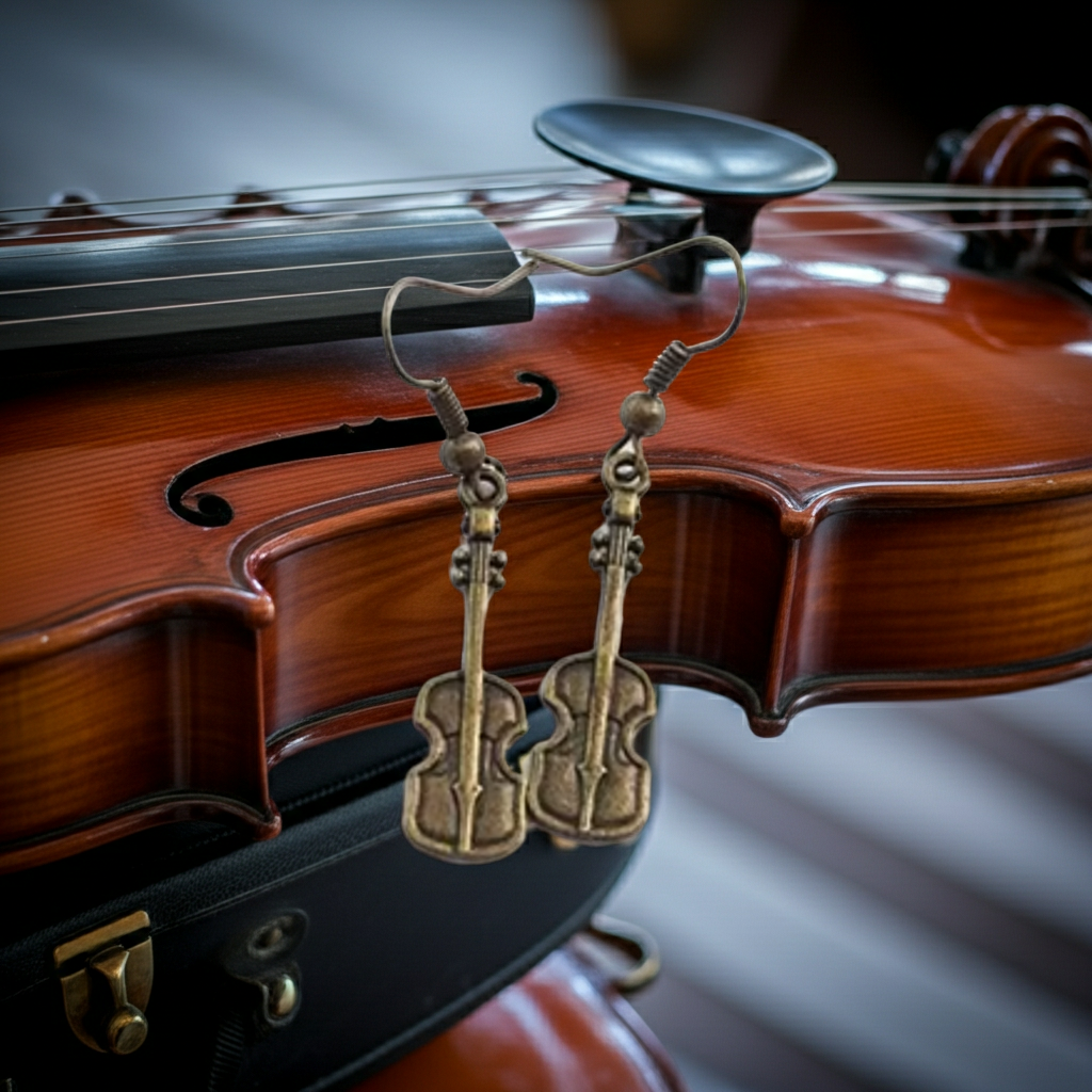 Violin with a pair of earrings shaped like violins on top