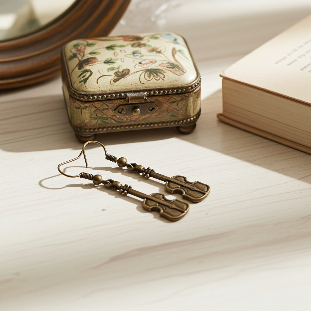 Antique-style earrings on a piece of paper with a decorative jewelry box in the background.