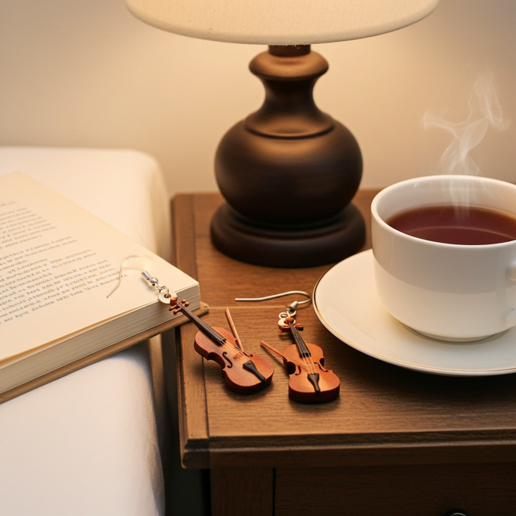 Wooden violin-shaped earrings on a nightstand with a cup of tea and an open book.