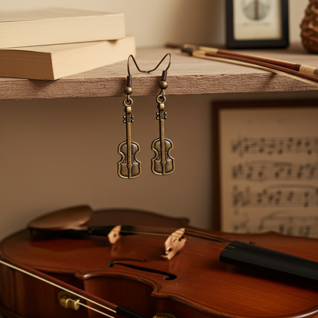 Violin earrings on a shelf with a violin and sheet music in the background