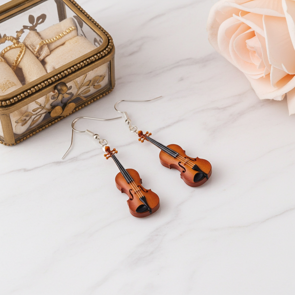 Violin-shaped earrings on a white surface with a decorative box and rose in the background.