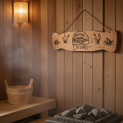 Wooden sign with fishing design on a wooden wall, bucket, and stones below.