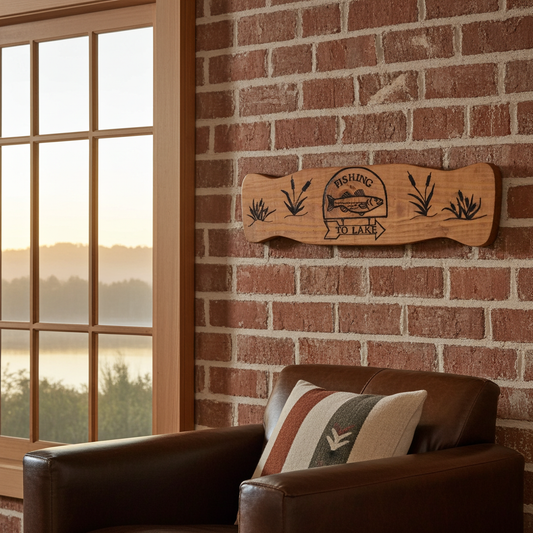 Wooden plaque with fishing design on a brick wall above a brown leather armchair with pillows.