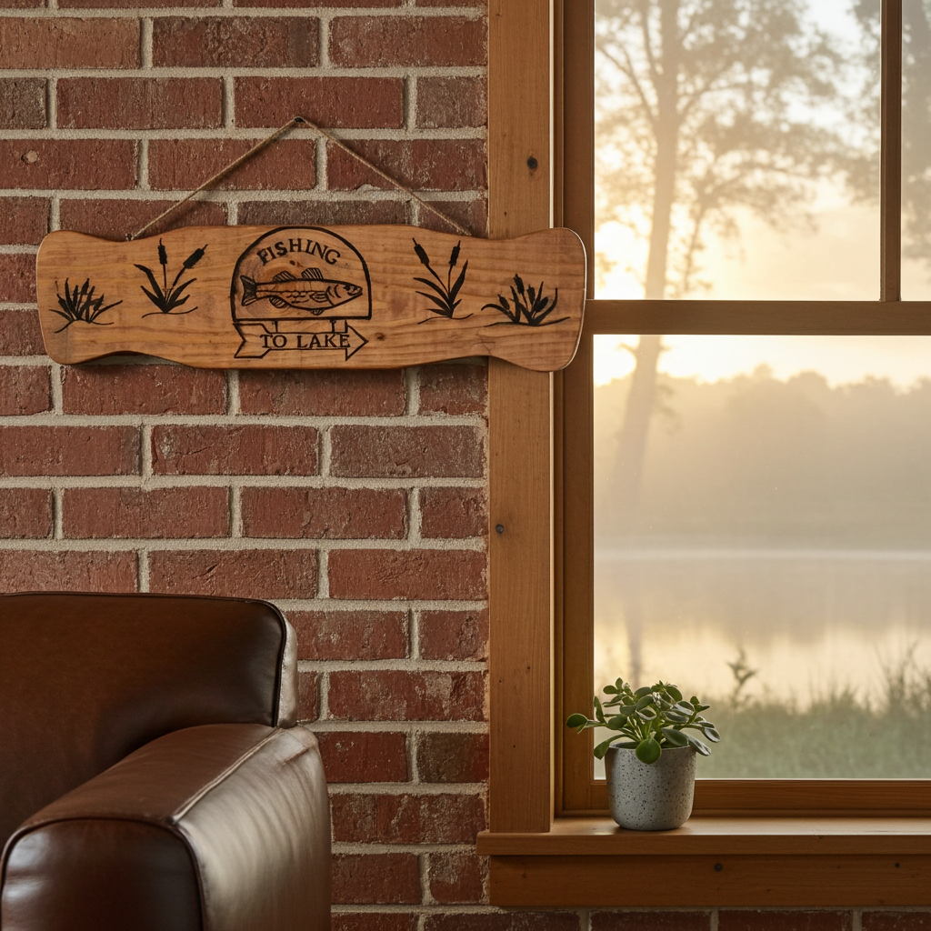 Wooden sign with fishing design hanging on a brick wall next to a window with a view of a lake.