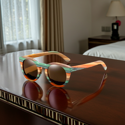 Colorful sunglasses on a reflective surface with a blurred indoor background