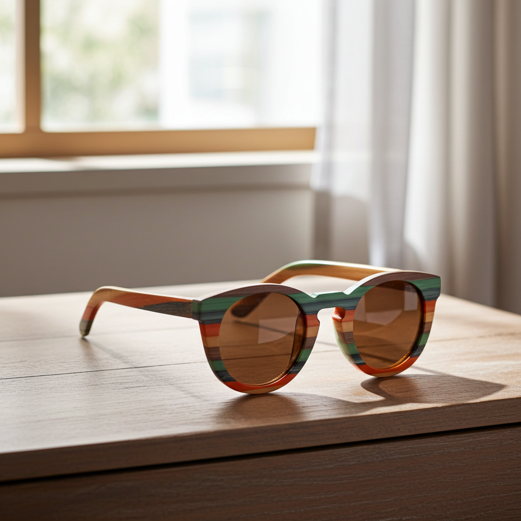 Sunglasses with a colorful frame on a wooden surface near a window.