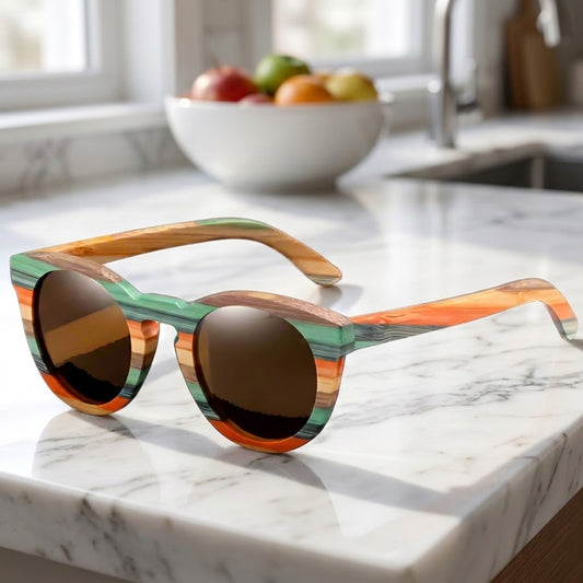 color wood framed sunglasses sitting on kitchen counter