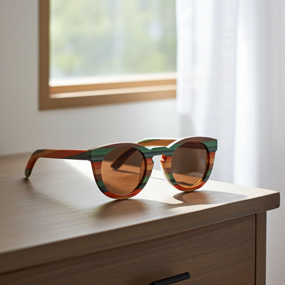 Sunglasses with a colorful frame on a wooden surface near a window.